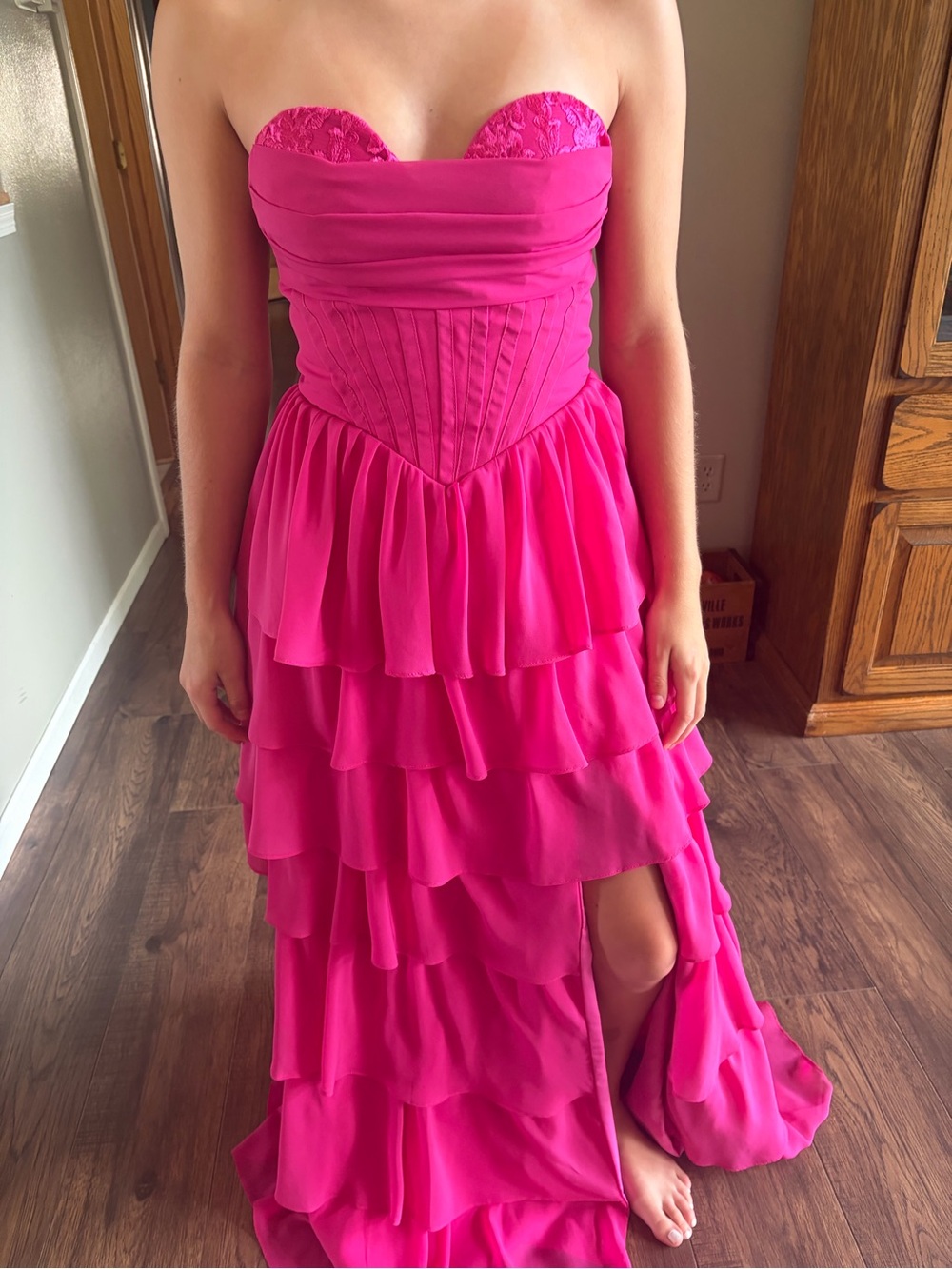 Amazon Strapless Hot Pink Layered Ruffle Evening Dress